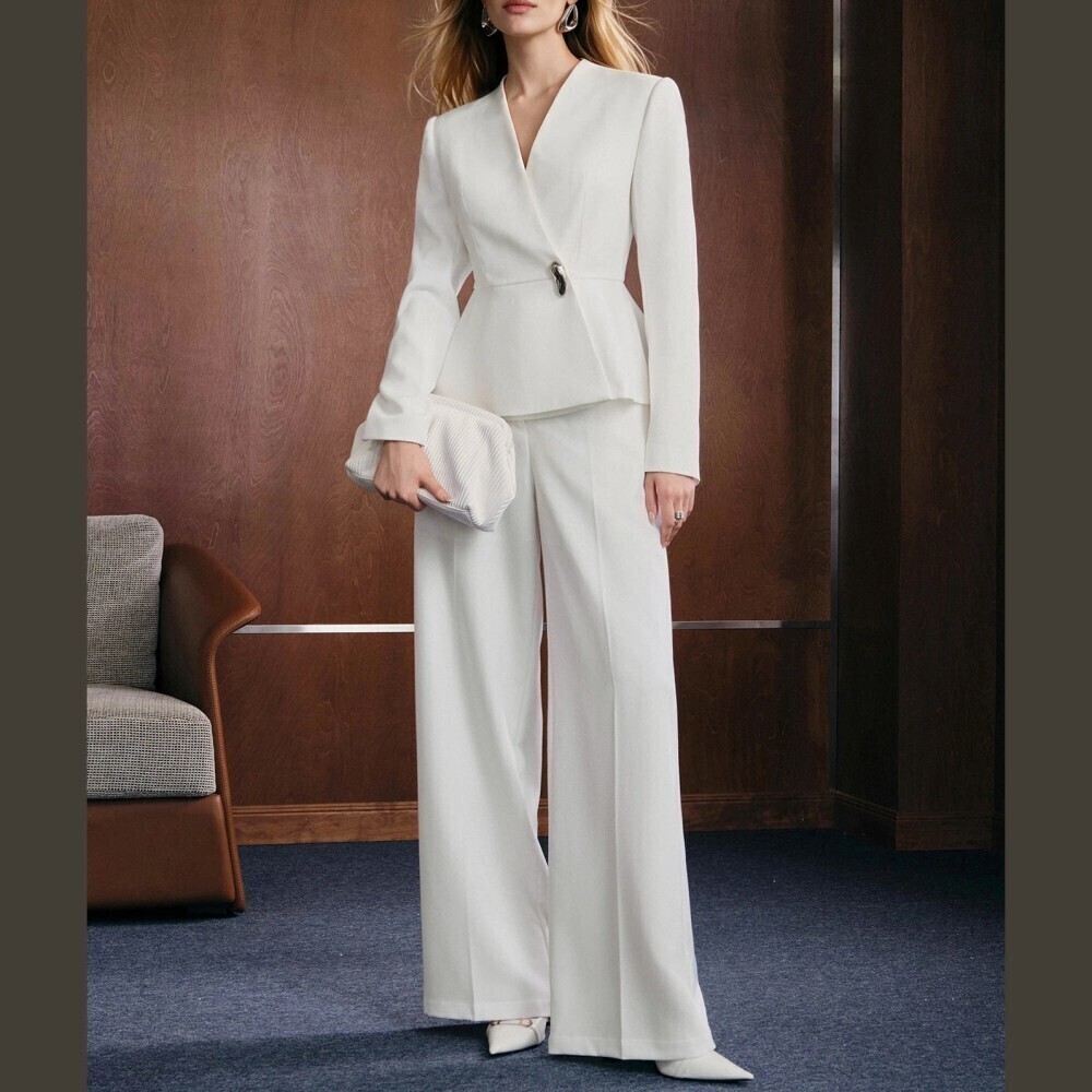 White Wrap Front V Neck Peplum Blazer and Wide Leg Trouser Pantsuit Set
